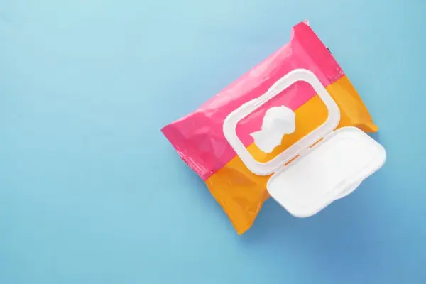 Paquete de toallitas húmedas con la tapa abierta y una toallita blanca asomando, sobre un fondo azul claro