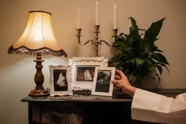 Rincón de recuerdo con fotos enmarcadas de gatos, velas y una planta